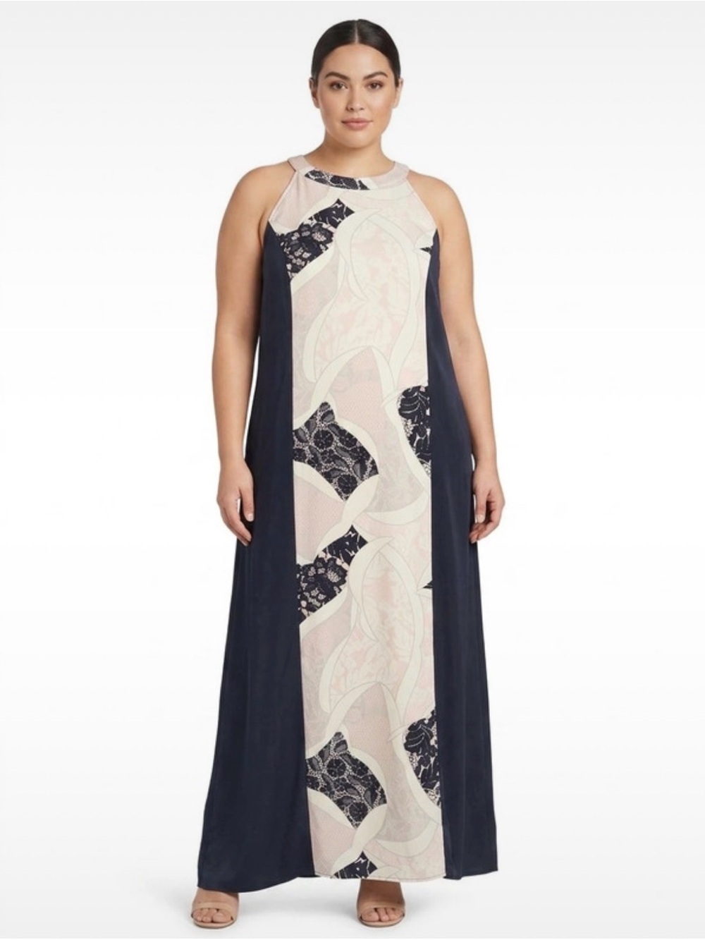 Bar III Asymmetrical Halter Dress in Blue and Cream